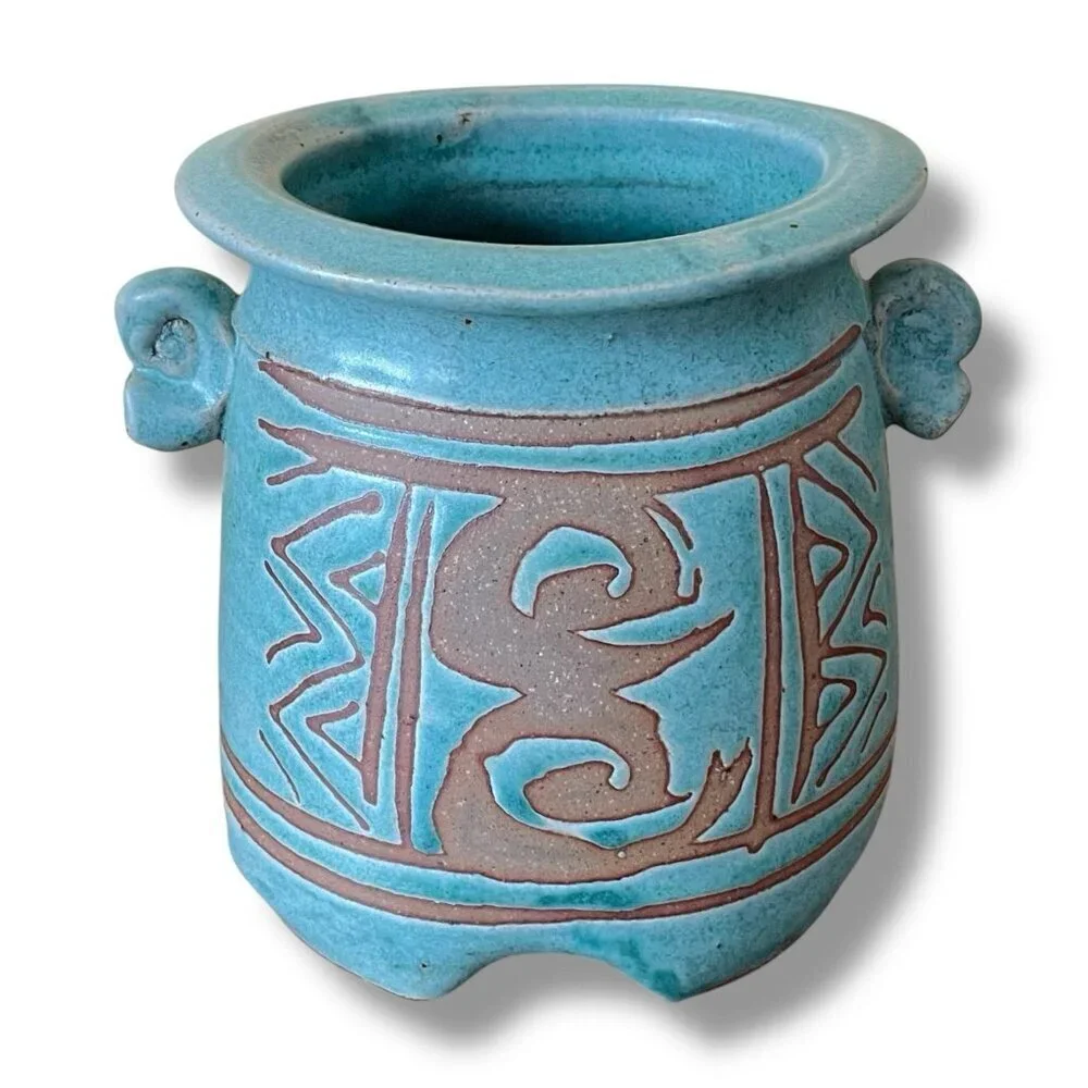 VIntage Studio Art Pottery Vase Signed Maureen Mills Blue Green Footed Base